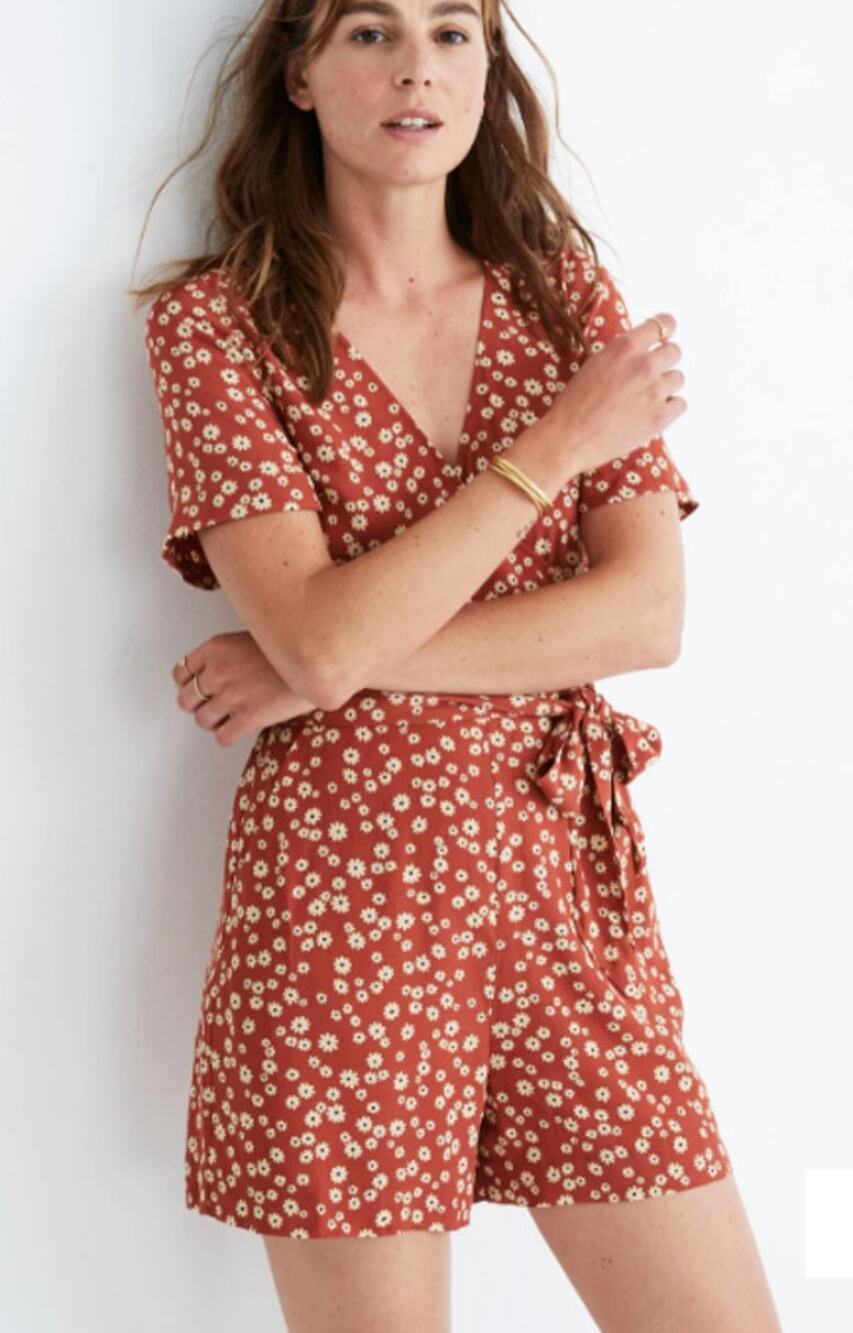 Madewell Wrap-Front Romper Women's 2 Rust Daisy Field Short Sleeves V-Neck